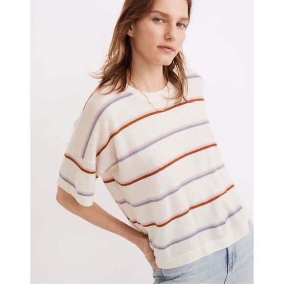 Madewell Heather Oatmeal Stripe Responsible Weightless Cashmere Sweater Tee MED - Picture 1 of 15